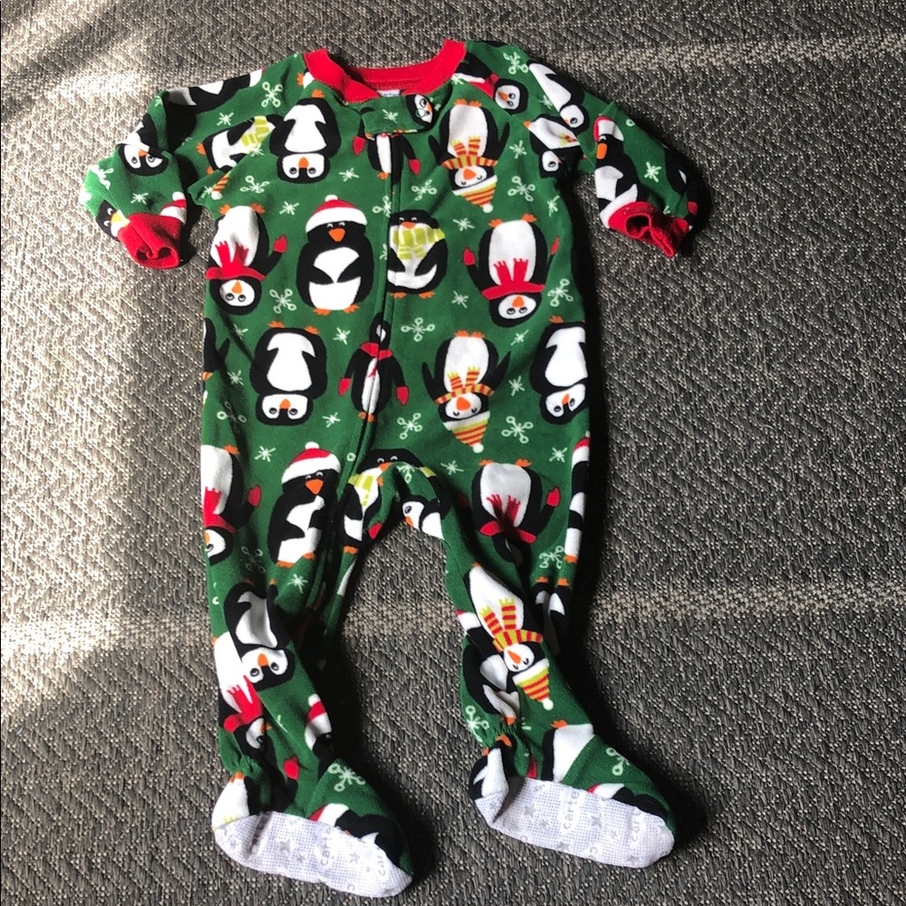 Carter's Green Penguin Print Footed One-Piece with Red Trim